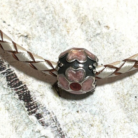 Pandora Sterling Silver Braided Leather Bracelet With Floral Pink Enamel Charm - Picture 5 of 16